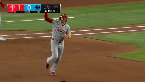 Phillies' Bryson Stott crushes a home run to the second deck against the Marlins