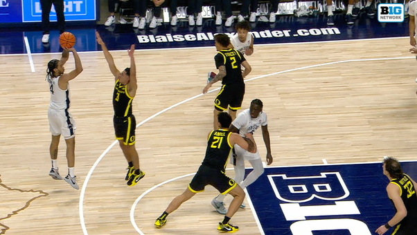 Freddie Dilione drains a tough step-back three-pointer to give Penn State a 66-59 lead over Oregon