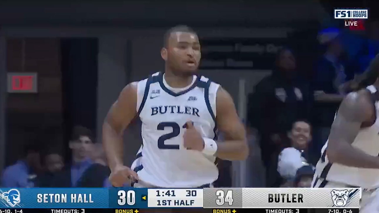 Pierre Brooks II sinks a 3-pointer, extending Butler's lead over Seton Hall