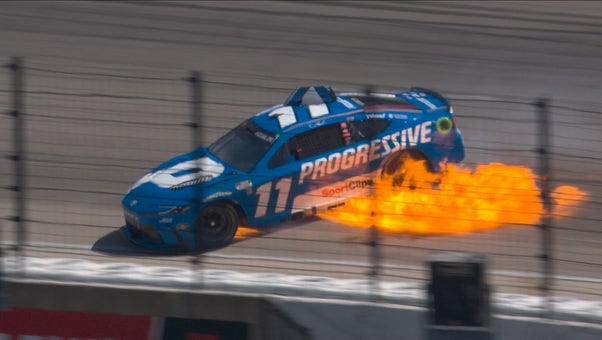Denny Hamlin's No. 11 car catches fire, climbs out after slide | NASCAR on FOX