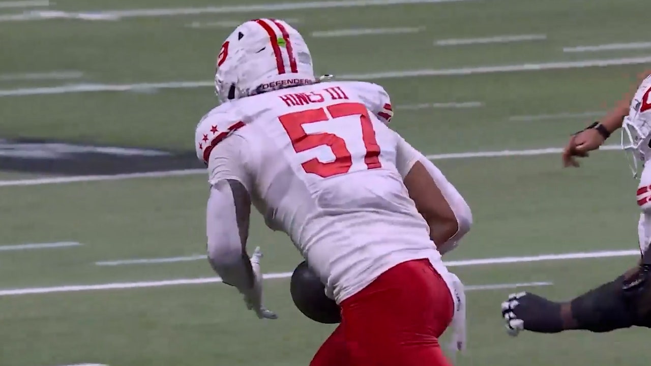 Defenders' Anthony Hines recovers the fumble and takes it to the house against Brahmas