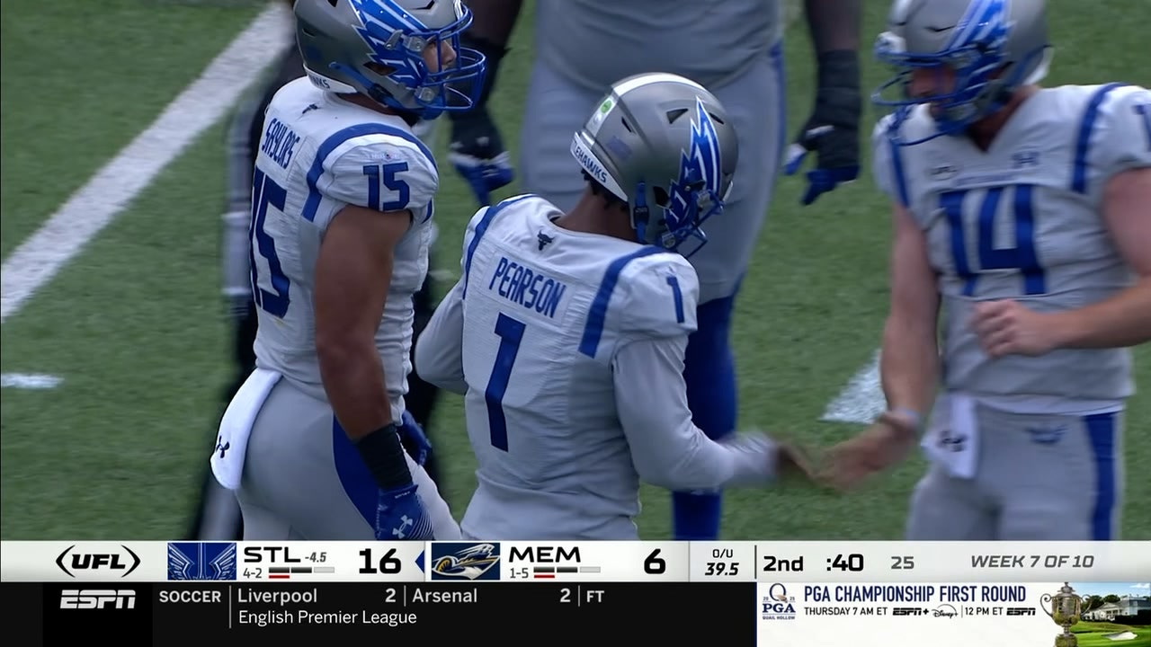 Battlehawks' Max Duggan connects with Jahcour Pearson for 13-yard touchdown, extending lead vs. Showboats