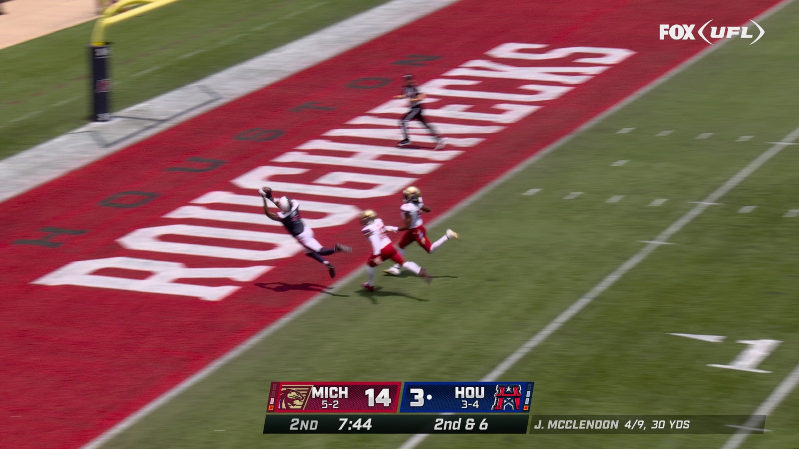 Roughnecks' Jalan McClendon connects with Keke Chism on a 33-yard TD pass vs. Panthers