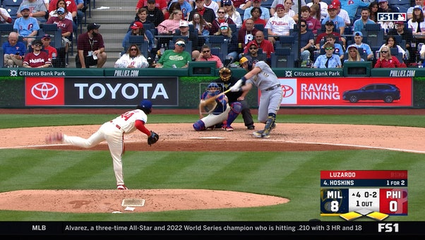 Brewers' Rhys Hoskins cranks second three-run home run to extend lead vs. Phillies