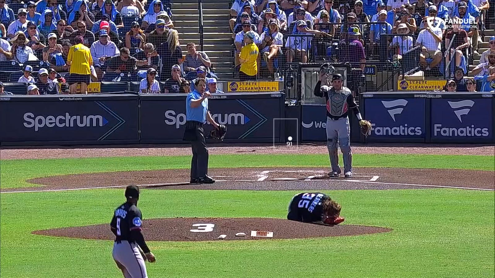 Marlins' pitcher Ryan Weathers gets hit on head by catcher Nick Fortes' warmup throw to second base
