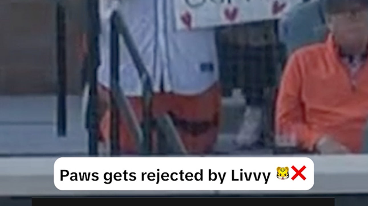 Tigers' mascot Paws is rejected by Livvy Dunne in front of Paul Skenes