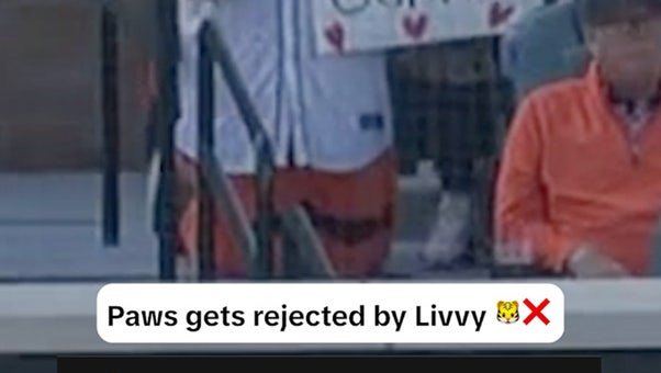 Tigers' mascot Paws is rejected by Livvy Dunne in front of Paul Skenes