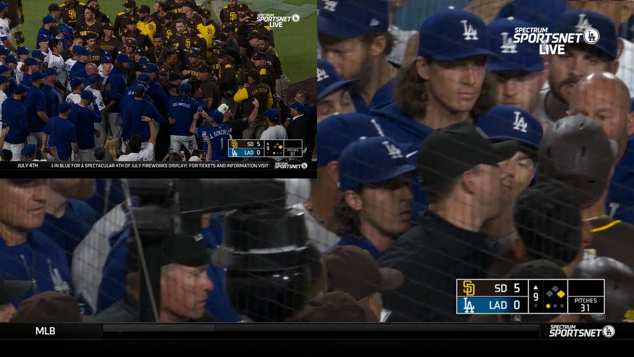 Benches clear after Padres' Fernando Tatis gets hit with pitch by Dodgers' Jack Little