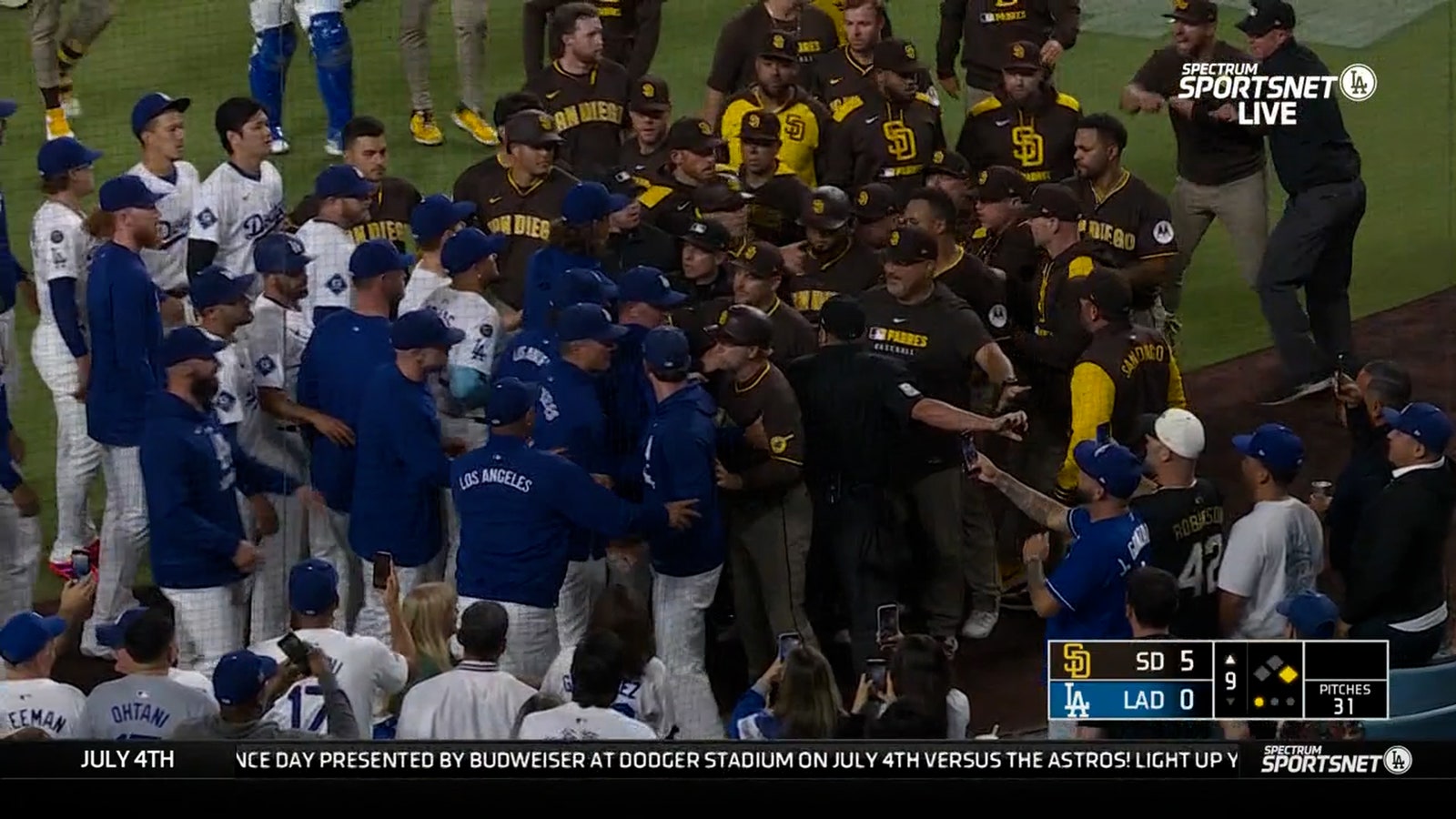Benches clear after Padres' Fernando Tatis gets hit with pitch by Dodgers' Jack Little