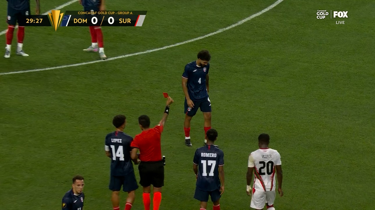 Dominican Republic's Edgar Pujol is sent off after receiving red card vs. Suriname