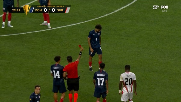 Dominican Republic's Edgar Pujol is sent off after receiving red card vs. Suriname
