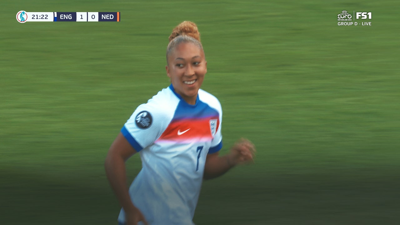  Lauren James scores to give England a 1-0 lead over Netherlands