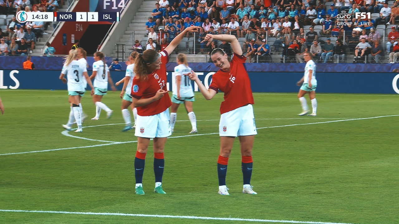 Norway's Signe Gaupset finishes off a volley to even the score against Iceland