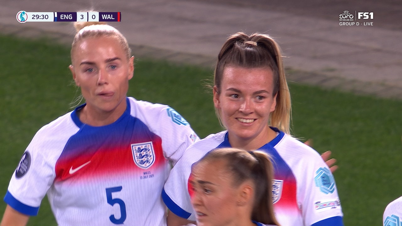 England forward Lauren Hemp heads the ball into the net to extend the lionesses lead 3-0 against Wales