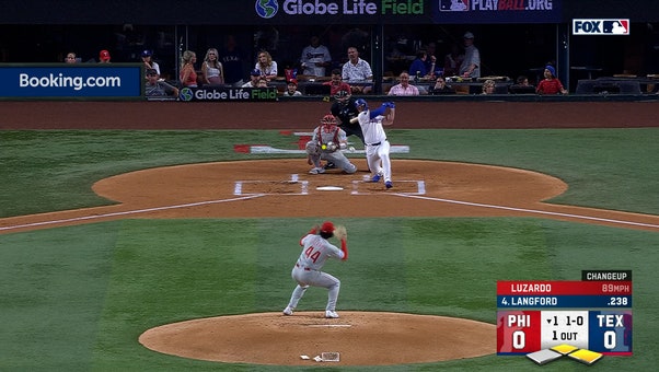 Wyatt Langford's single drives in a run to give Rangers a 1-0 lead over Phillies