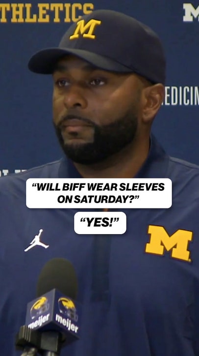 Reporter asks Sherrone if Biff will wear sleeves on the sidelines this week as interim 