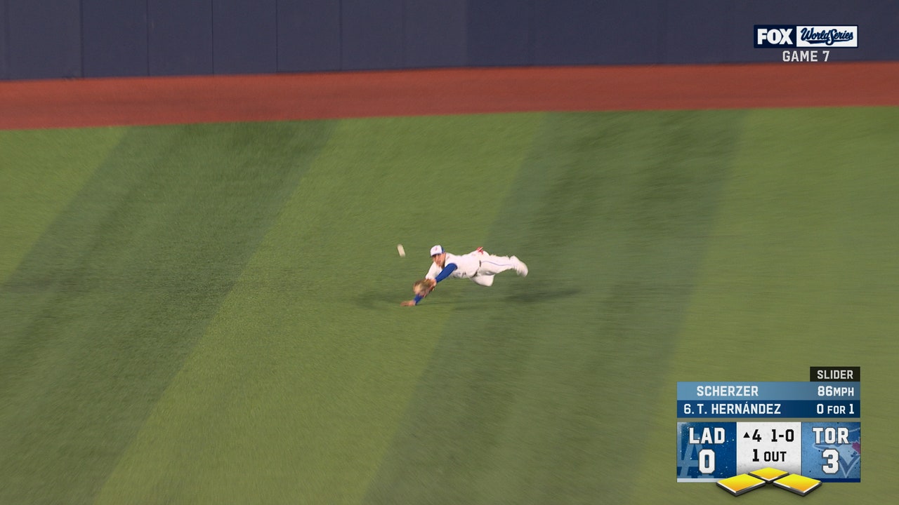 Blue Jays' Daulton Varsho makes diving catch, limiting Dodgers to one run in 4th inning