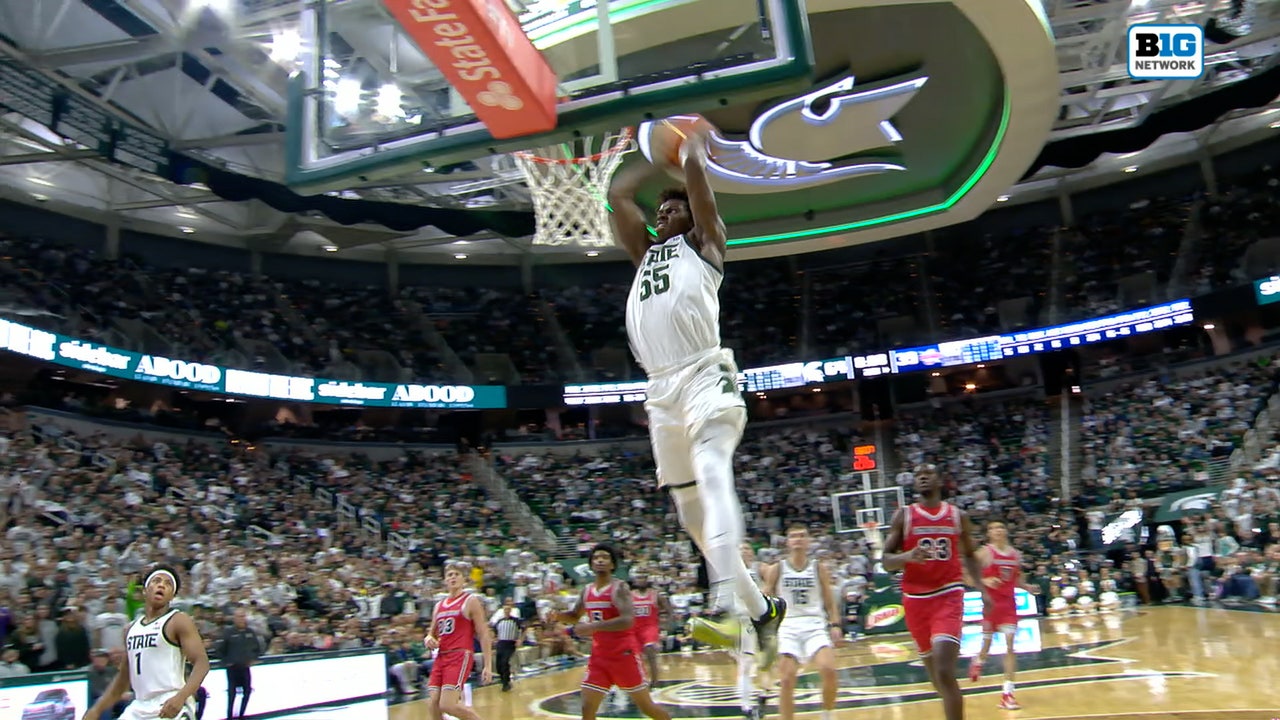 Michigan State's Coen Carr elevates for powerful alley-oop finish against Detroit Mercy