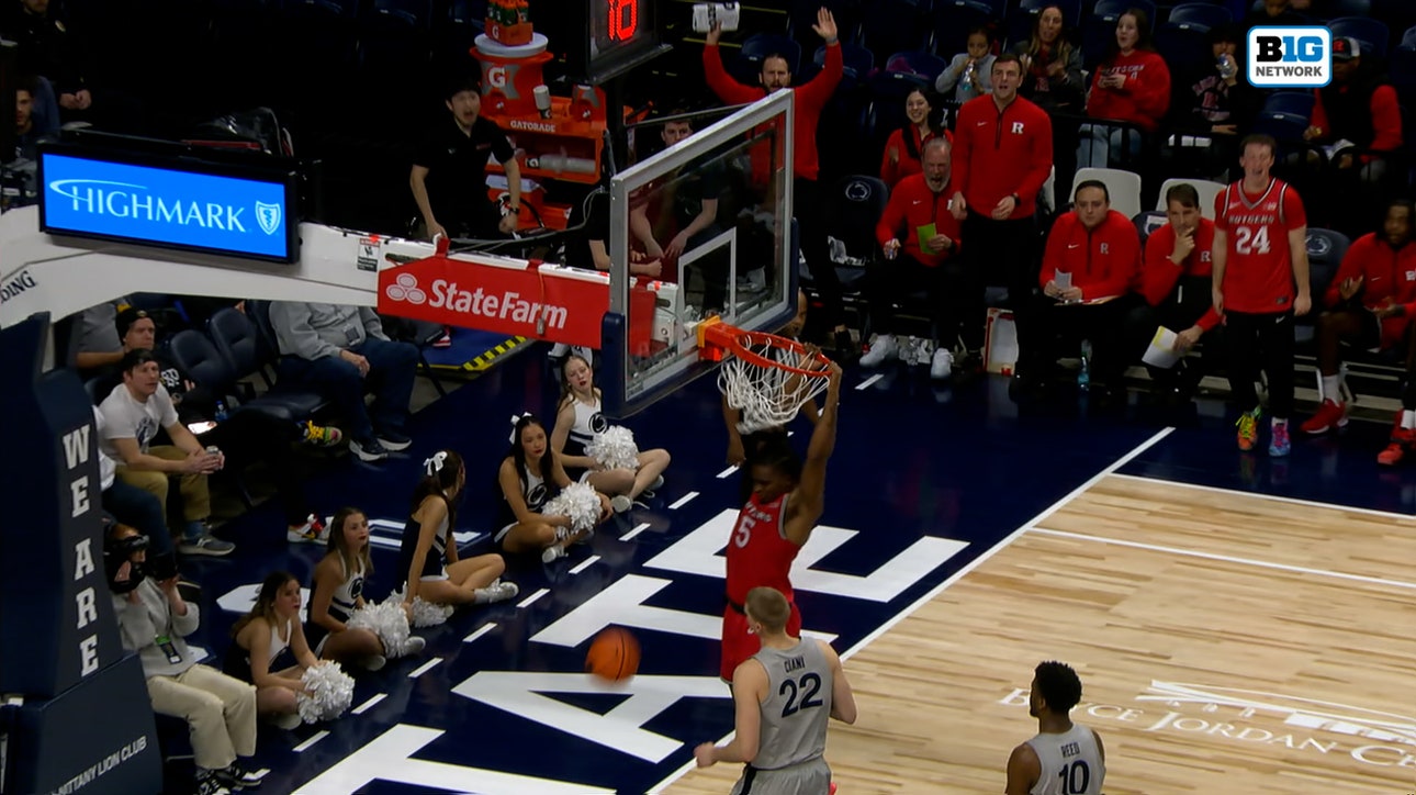 Darren Buchanan Jr gets up for a dunk, extending Rutgers' lead over Penn State