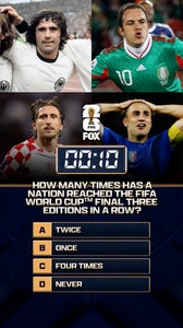 52 days until the FIFA World Cup on FOX! How many times has a nation reached the FIFA World Cup finals three editions in a row? ⁉️🌎🏆