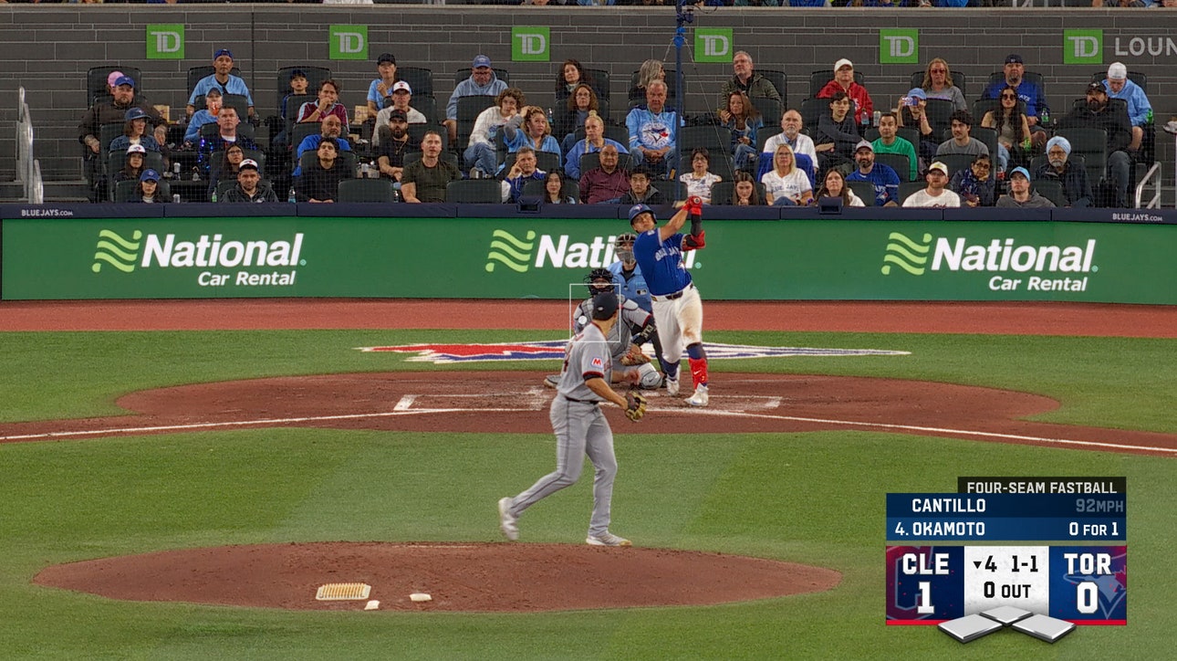 Kazuma Okamoto hits a home run to tie the game for the Toronto Blue Jays vs Cleveland Guardians
