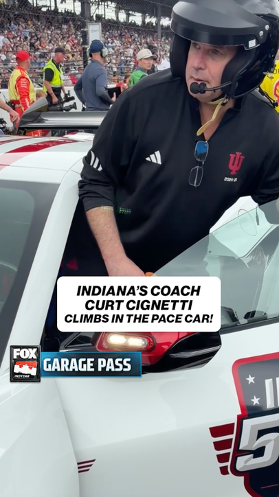 Indiana Football's Curt Cignetti climbs in the pace car at the Indy 500!