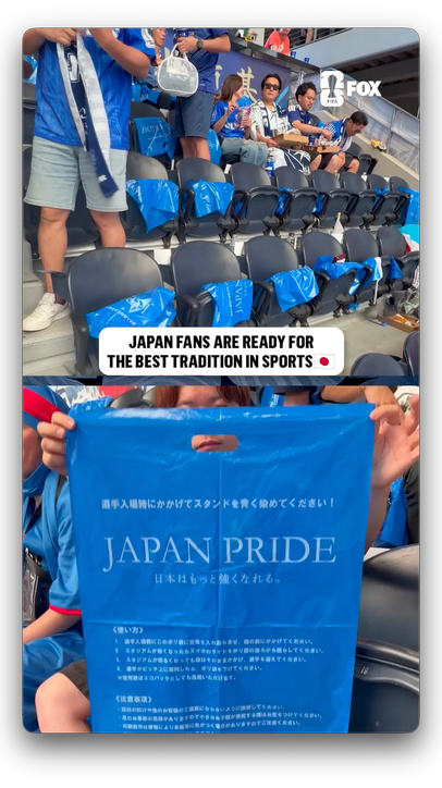 Japan fans are well prepared to show their sportsmanship and pick up trash after the match is over 🇯🇵
