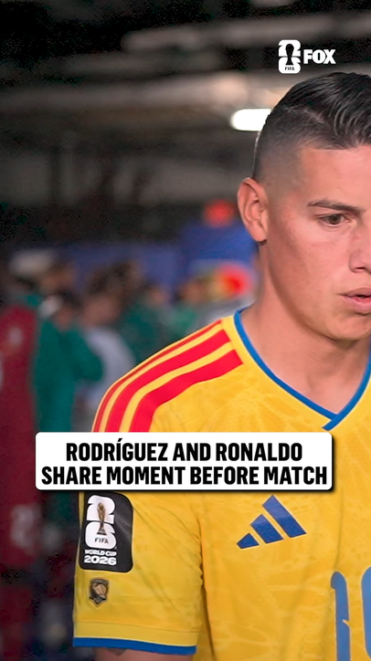 Cristiano Ronaldo and James Rodríguez share an embrace before they face off in the FIFA World Cup 🇵🇹🇨🇴