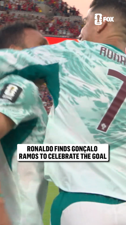Cristiano Ronaldo goes to celebrate with Gonçalo Ramos after scoring for Portugal 🇵🇹