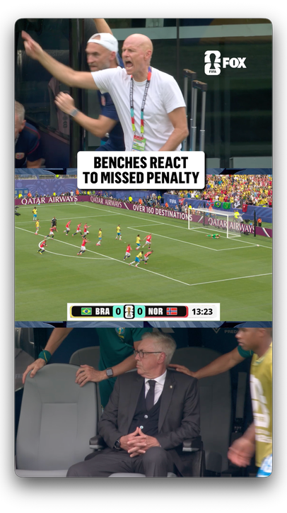 Ståle Solbakken and Carlo Ancelotti both react to Ørjan Nyland's penalty save for Norway
