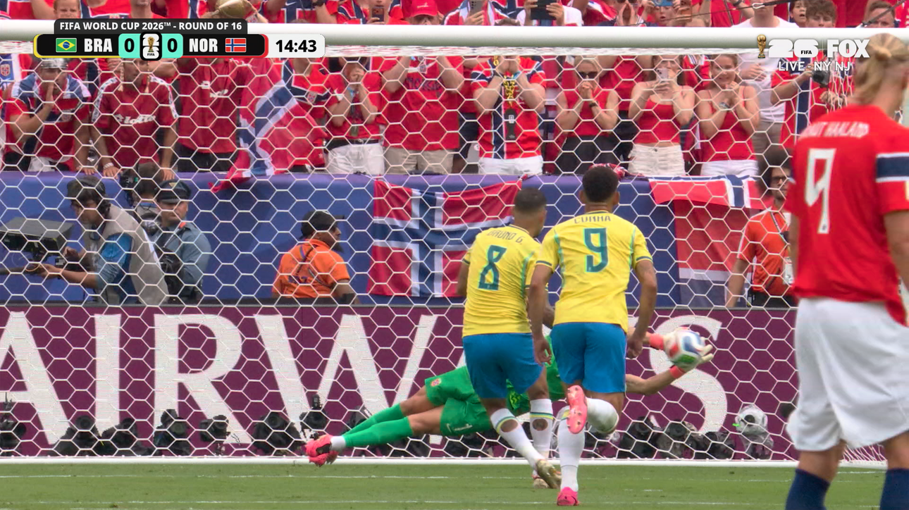 Norway’s Ørjan Nyland stops penalty kick from Bruno Guimarães to keep score level vs Brazil | 2026 FIFA World Cup™