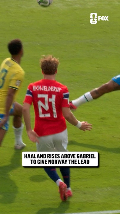 Haaland beats Gabriel in the air to put Norway in front 🇳🇴
