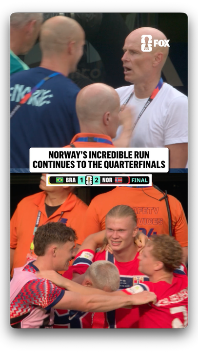 Ståle Solbakken celebrates leading his Norwegian side to the Quarterfinals for the first time ever 🇳🇴