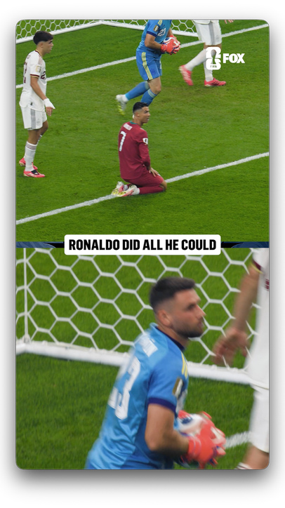 Ronaldo giving it his all in front of the net, but can't convert
