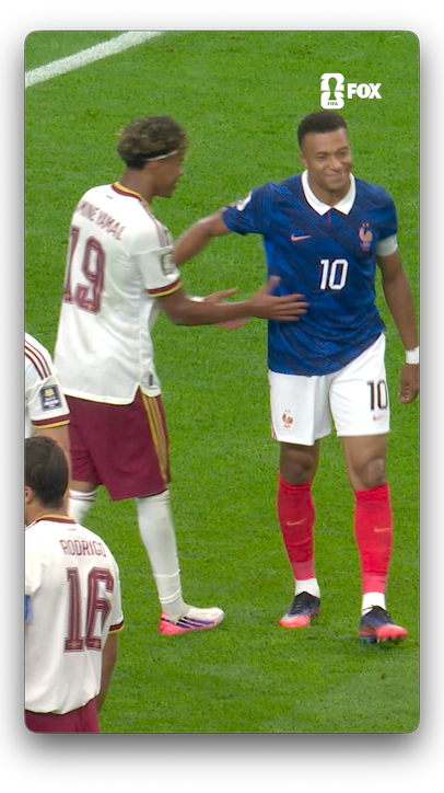This moment between Lamine Yamal and Kylian Mbappé after Yamal drew a penalty in Spain's semifinal win