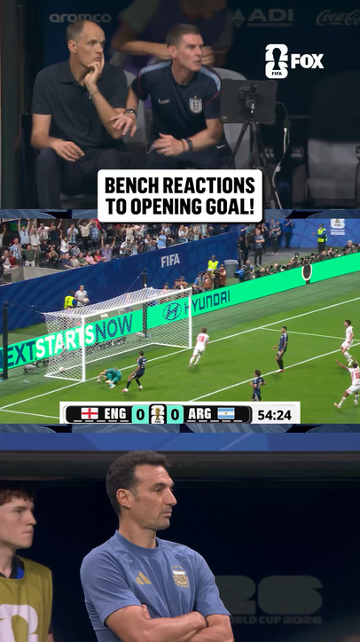 The England and Argentina managers react as Anthony Gordon puts the Three Lions in front first