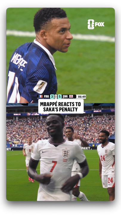 A respectful moment between Kylian Mbappé and Djed Spence after Bukayo Saka converts the penalty