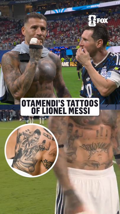 Argentine defender Nicolás Otamendi has a tattoo of Messi with the FIFA World Cup trophy