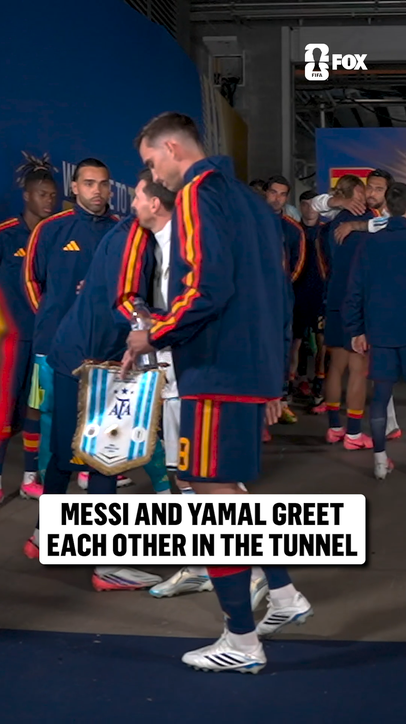 Lamine Yamal and Lionel Messi share a moment ahead of facing off in the FIFA World Cup Final
