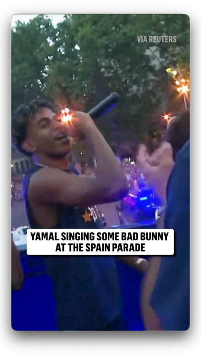 Lamine Yamal on the mic singing along to Bad Bunny during Spain's FIFA World Cup title celebration 🎤