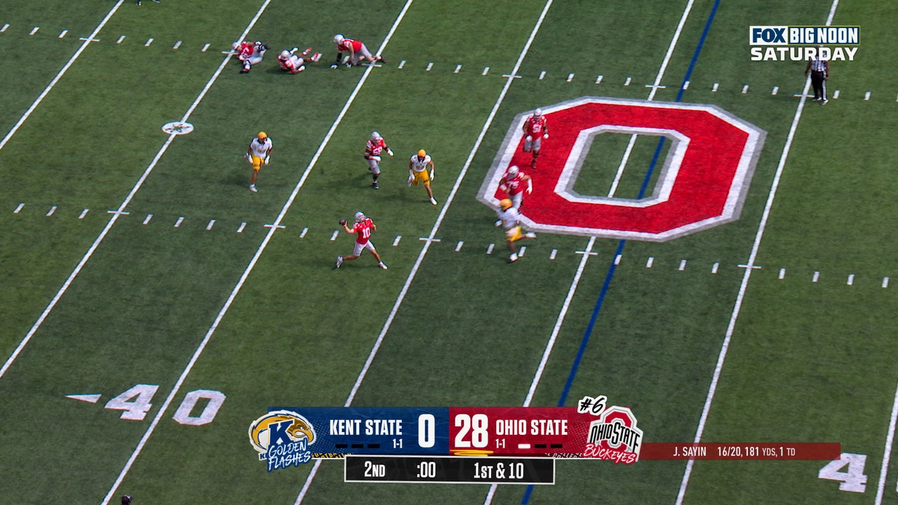 Ohio State's Julian Sayin connects with Brandon Inniss on a 49-yard HAIL MARY touchdown just before halftime against Kent State