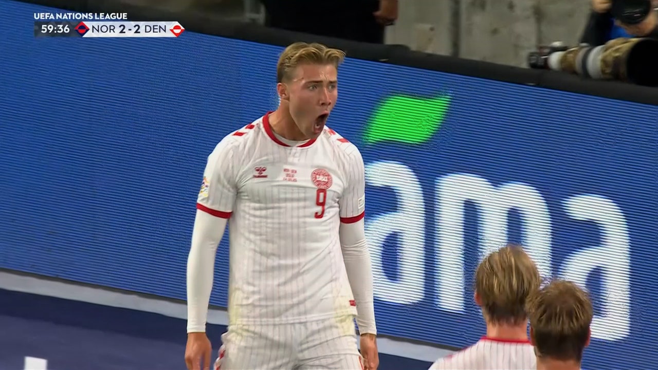 Denmark's Rasmus Højlund Nets Header off Rebound to Level Score Against Norway