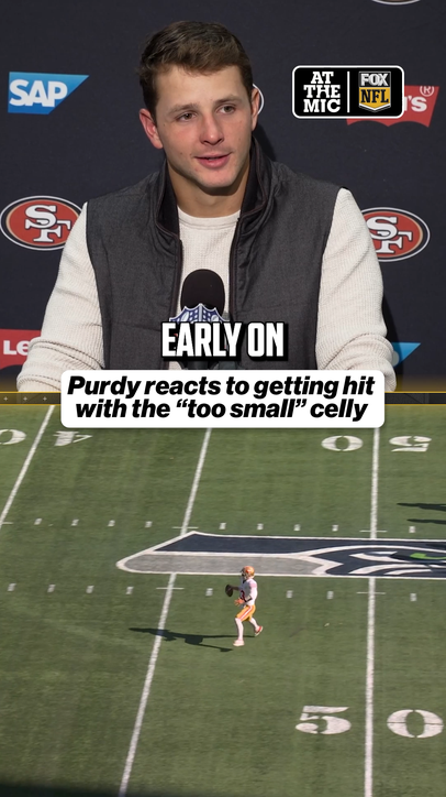 Purdy reacts to getting hit with the "too small" celebration