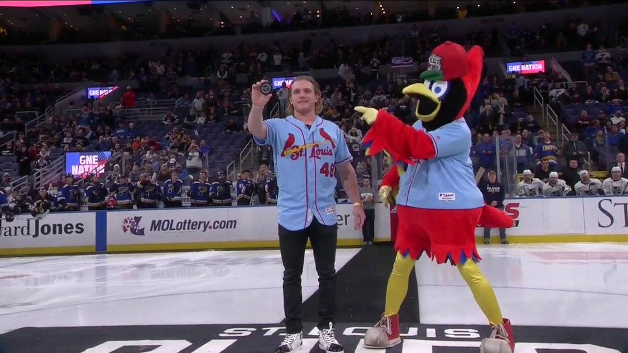 Harrison Bader drops the ceremonial puck before Kings-Blues