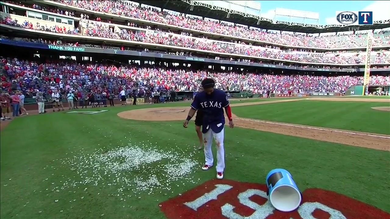 Elvis Andrus gets the Final Ice Bath after defeating New York in Globe Life Park