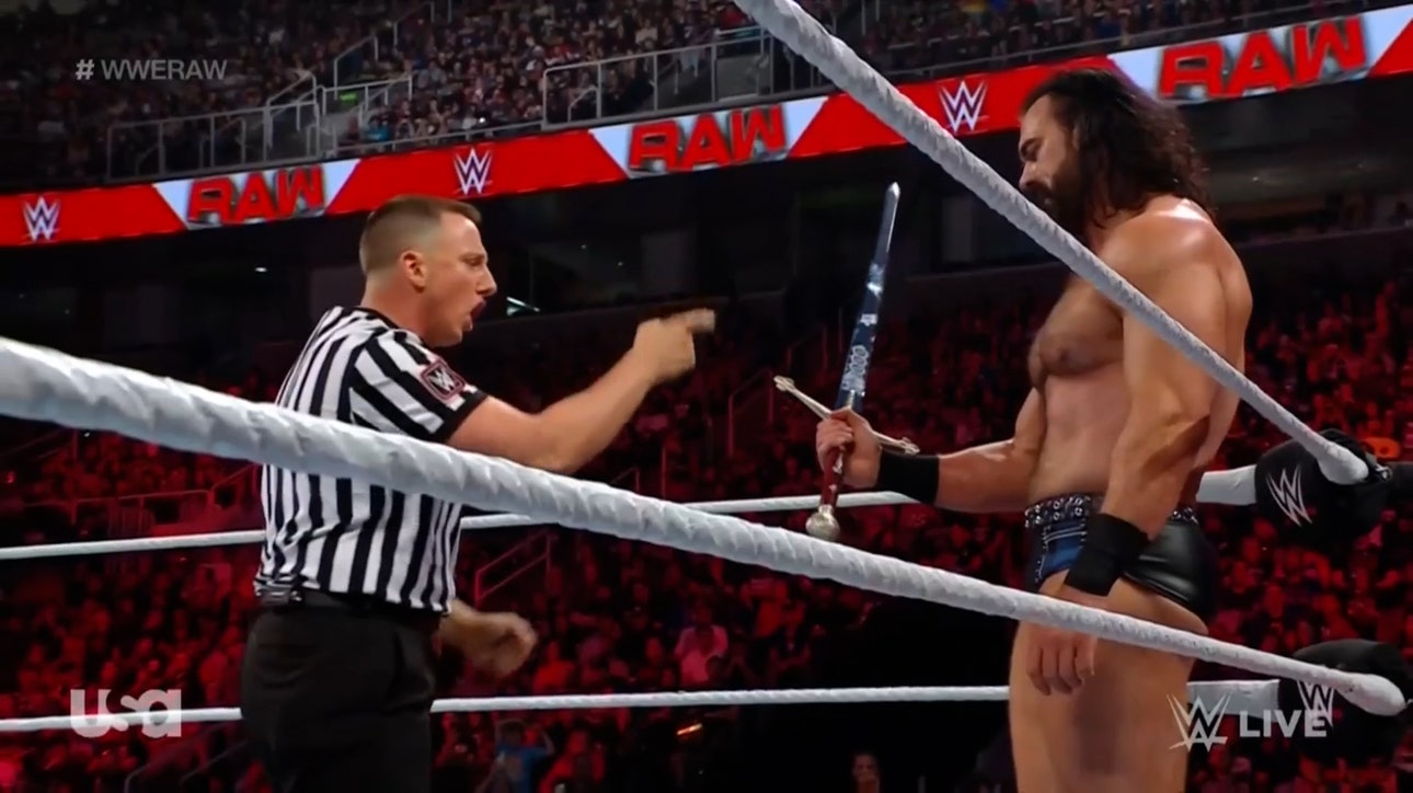 Drew McIntyre uses an exposed turnbuckle vs. The Miz after drawing his sward during the match