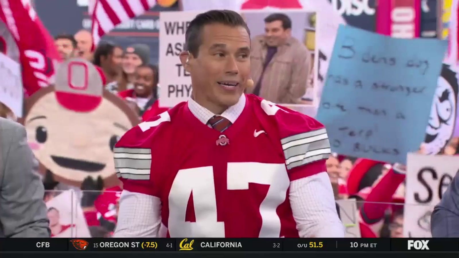 Urban Meyer starts 'Big Noon Kickoff' with a 'OH-IO' chant and Brady Quinn wears an Ohio State Jersey after losing bet 