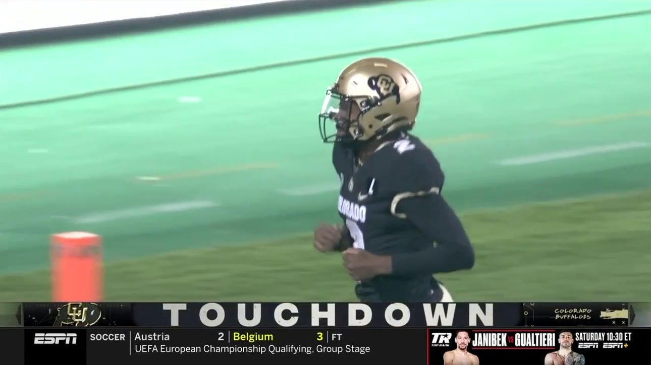 Colorado's Shedeur Sanders connects with Xavier Weaver for a nine-yard TD to take a 7-0 lead over Stanford