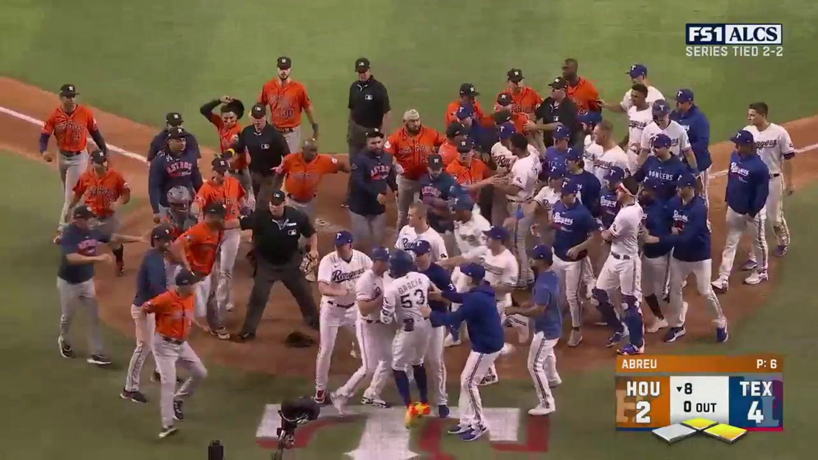Benches clear between Astros and Rangers after Adolís García HBP