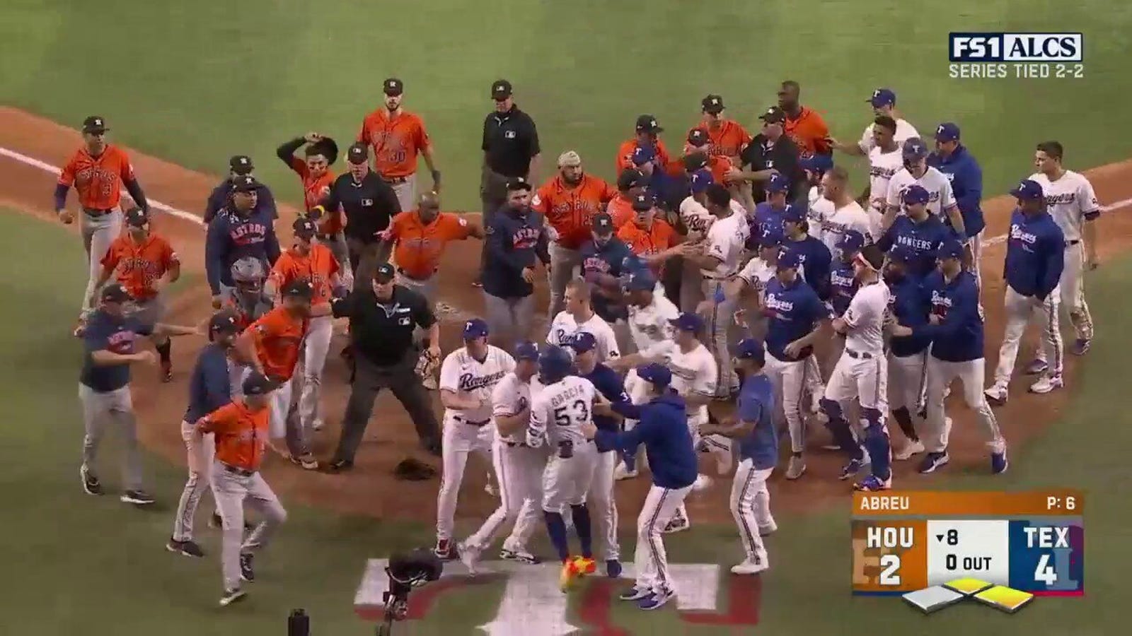 Benches clear between Astros and Rangers after Adolis García HBP